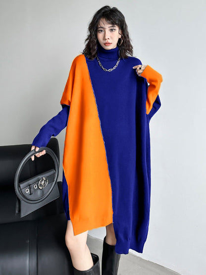 Batwing Sleeves Hipster Asymmetric Contrast Color Split-Joint High-Neck Midi Dresses Sweater Dresses
