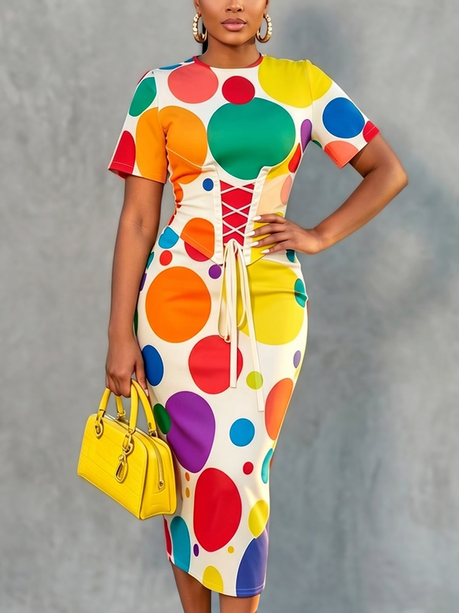 Bodycon Short Sleeves Colorful Contrast Color Polka Dot Split-Back Split-Joint Tied Round-Neck Midi Dresses