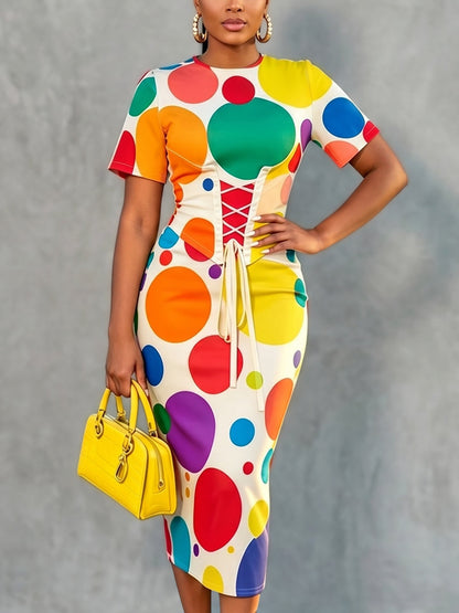 Bodycon Short Sleeves Colorful Contrast Color Polka Dot Split-Back Split-Joint Tied Round-Neck Midi Dresses