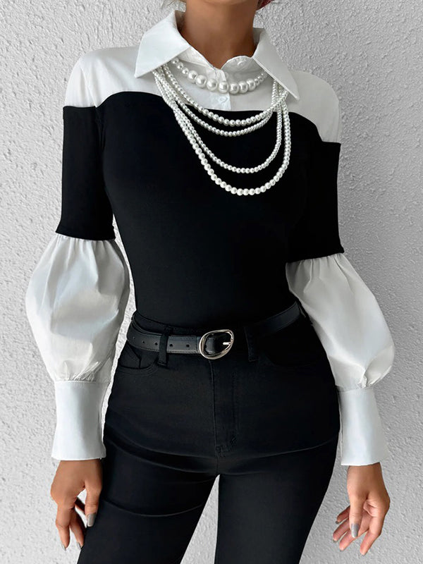 Split-Joint Pleated Contrast Color Buttoned Loose Long Sleeves Lapel Blouses&Shirts Tops