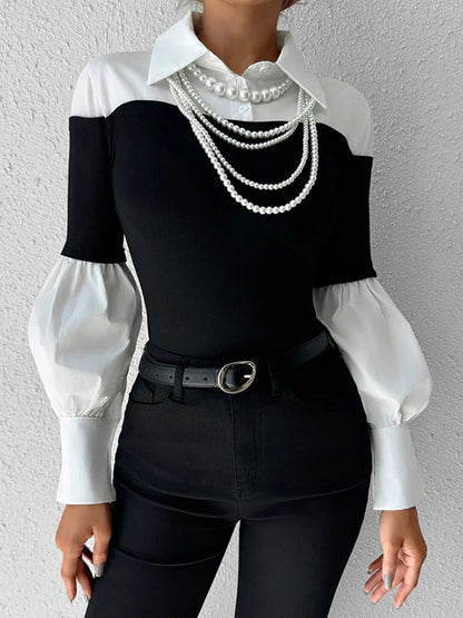 Split-Joint Pleated Contrast Color Buttoned Loose Long Sleeves Lapel Blouses&Shirts Tops