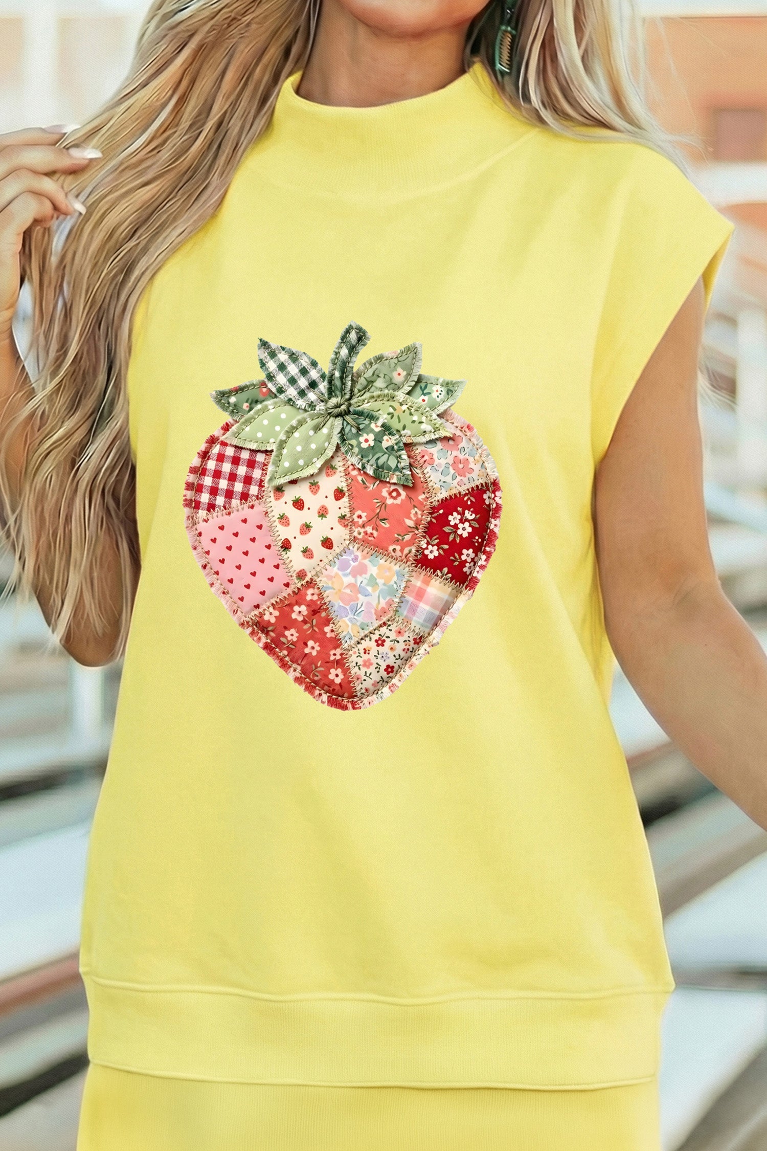 Yellow Faux Patchwork Strawberry Printed Mock Neck Tee