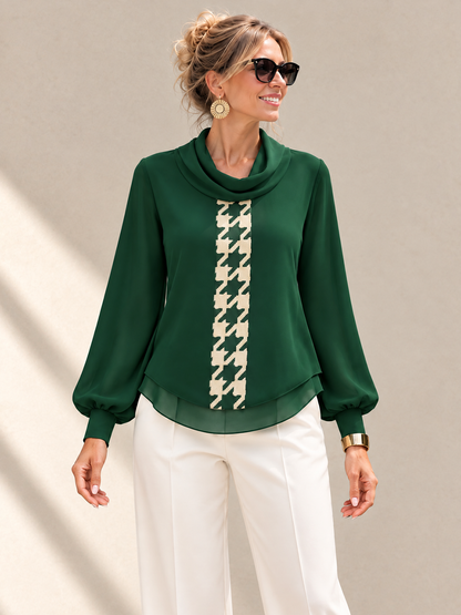 Split-Joint See-Through Houndstooth Contrast Color Puff Sleeves Long Sleeves Heaps Collar Blouses&shirts Tops
