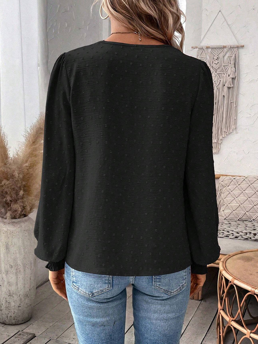 Balloon Sleeves Long Sleeves Embroidered Hollow Solid Color V-Neck Blouses&Shirts Tops