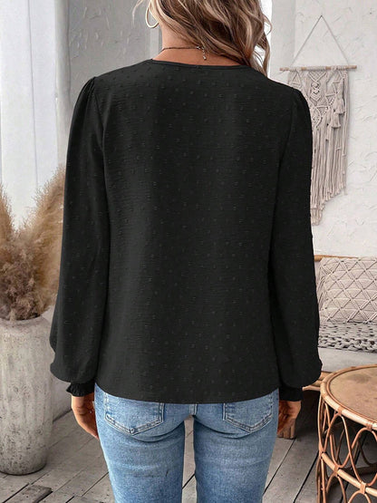 Balloon Sleeves Long Sleeves Embroidered Hollow Solid Color V-Neck Blouses&Shirts Tops