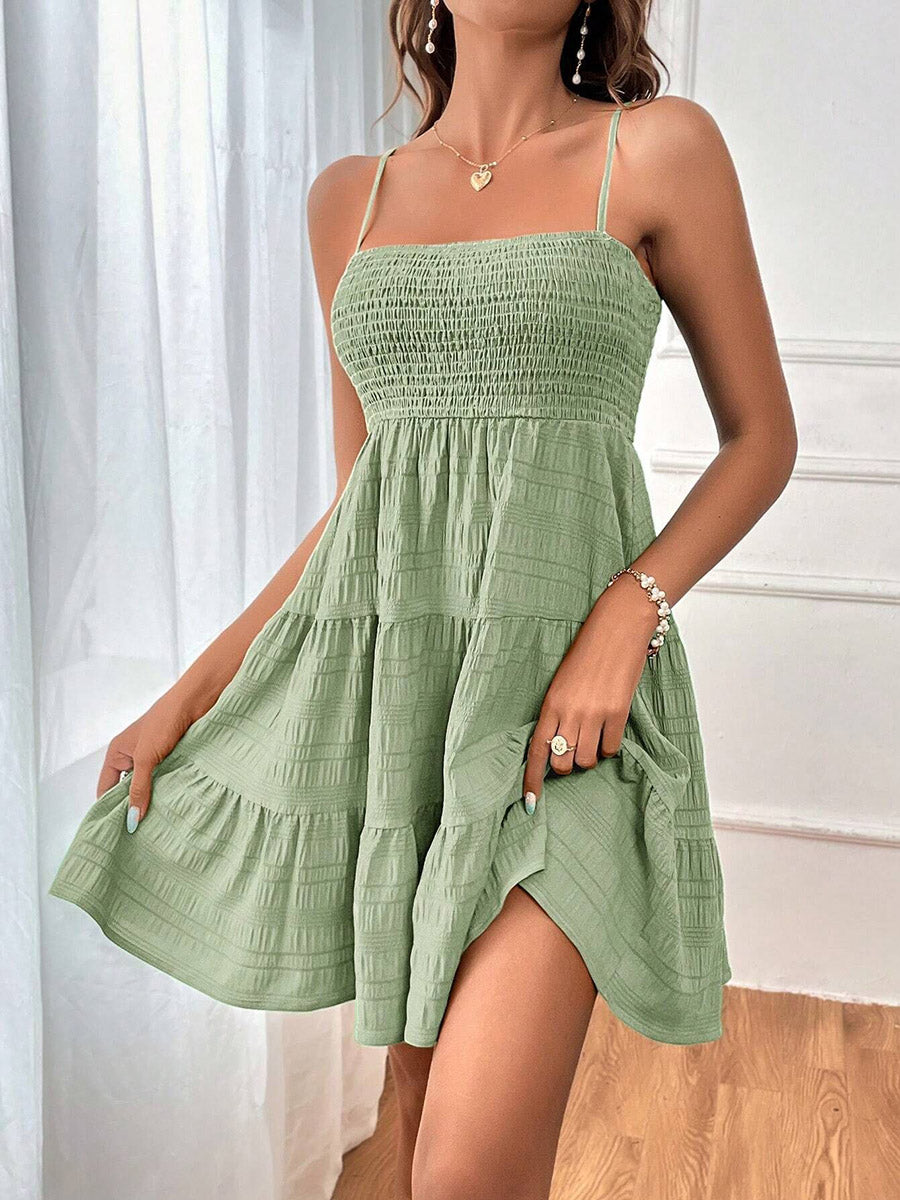 Elasticated Waist High Waisted Pleated Solid Color Split-Joint Spaghetti-Neck Mini Dresses