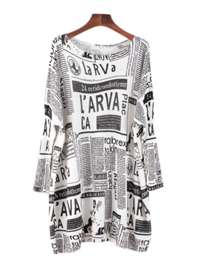 Vintage Loose One-Shoulder Newspaper Printed Split-Joint Sweater