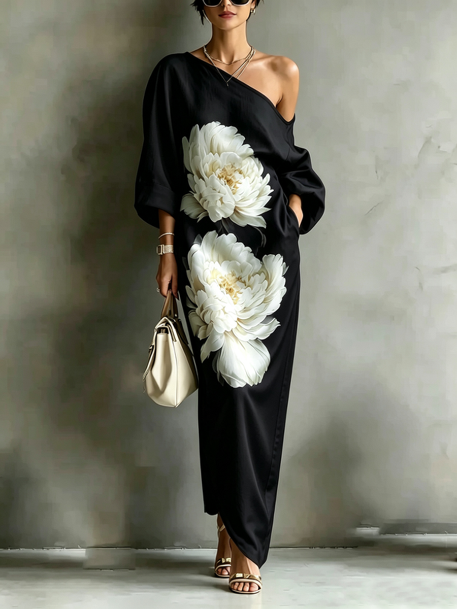 Pockets Flower Print Asymmetric Three-quarter Sleeves Loose One-shoulder Maxi Dresses