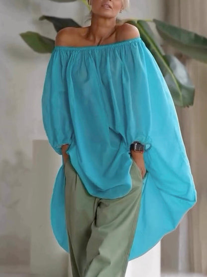 High-Low Loose Elasticity Pleated See-Through Solid Color Off-The-Shoulder Blouses&Shirts Tops