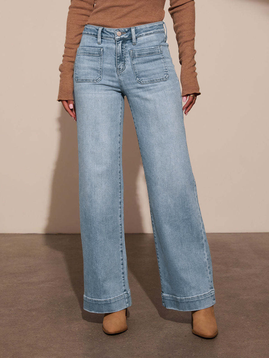 Solid Color Pockets High Waisted Column Trousers Jean Pants Bottoms