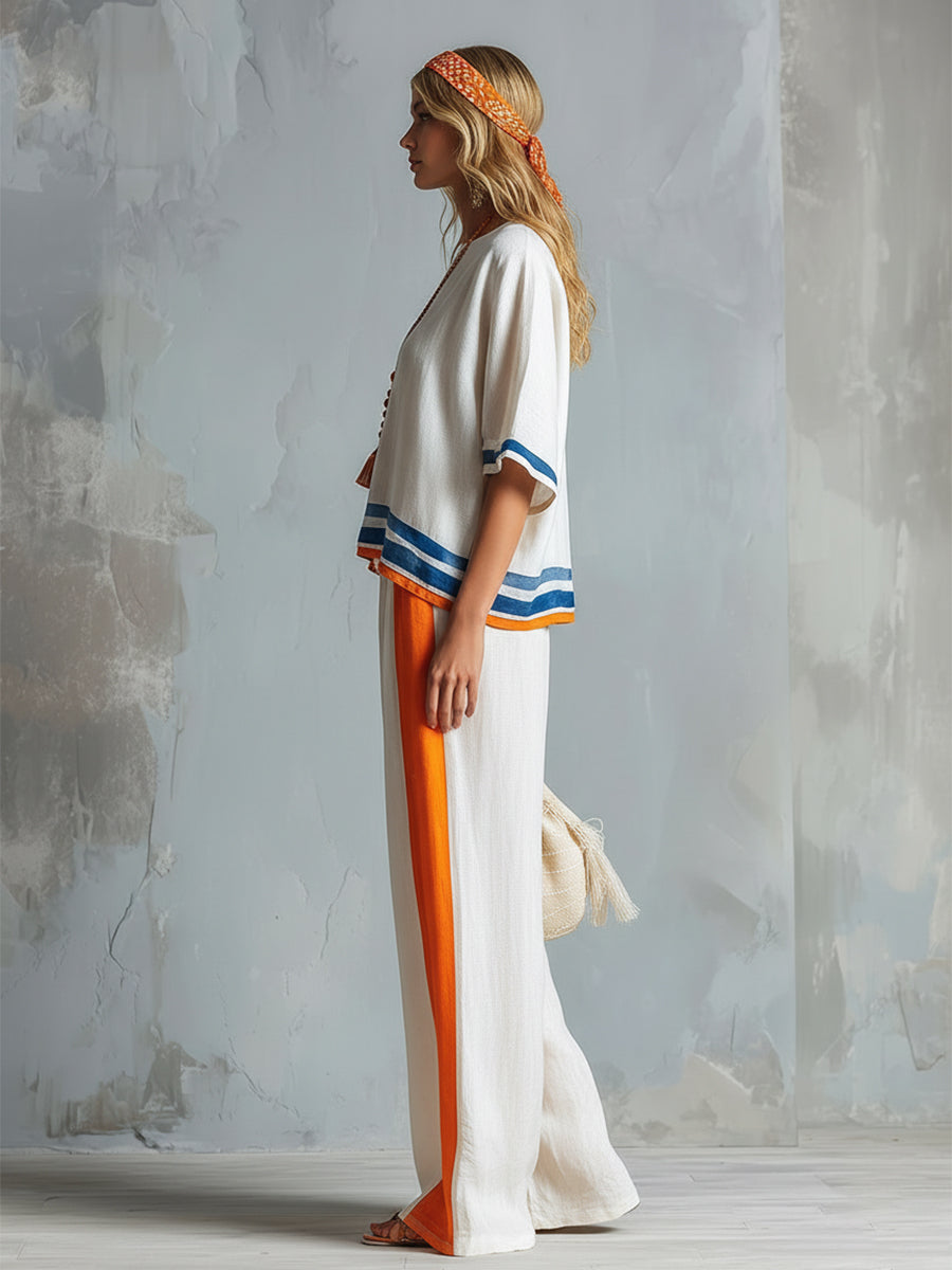 High Waisted Loose Pockets Striped Pants Trousers