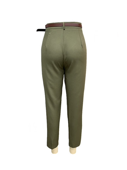 High Waisted Loose Buttoned No Belt Pleated Pockets Suit Pants