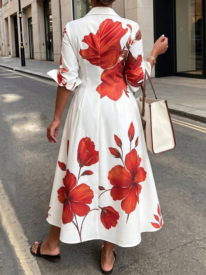 A-Line High Waisted Buttoned Flower Print Pockets Lapel Maxi Dresses
