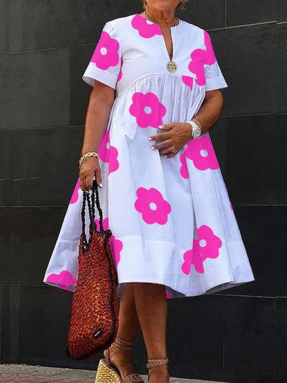 A-Line Loose Flower Print Pleated Split-Joint Round-Neck Midi Dresses