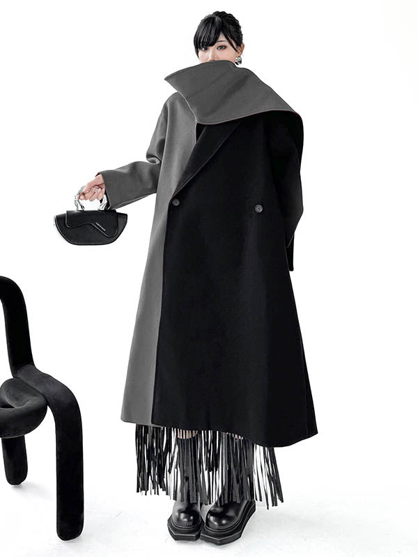 Irregularity Long Sleeves Buttoned Contrast Color Double-Breasted Split-Joint Tasseled Notched Collar Outerwear Overcoat