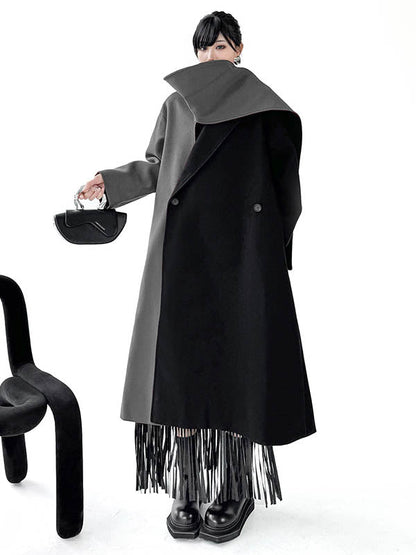 Irregularity Long Sleeves Buttoned Contrast Color Double-Breasted Split-Joint Tasseled Notched Collar Outerwear Overcoat