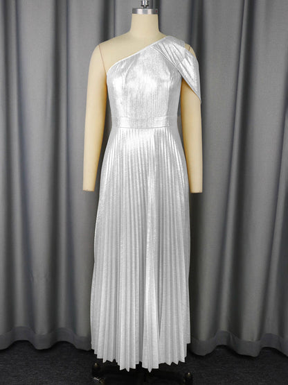 A-Line High Waisted Asymmetric Pleated Shiny Solid Color Split-Joint Zipper One-Shoulder Maxi Dresses
