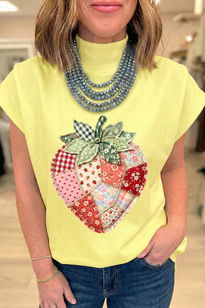 Yellow Faux Patchwork Strawberry Printed Mock Neck Tee