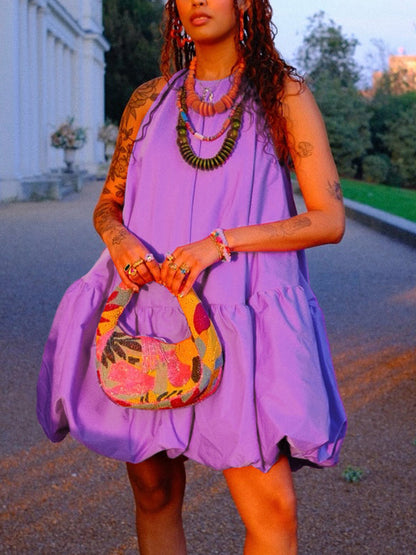 High Waisted Loose Pleated Solid Color Round-Neck Mini Dresses