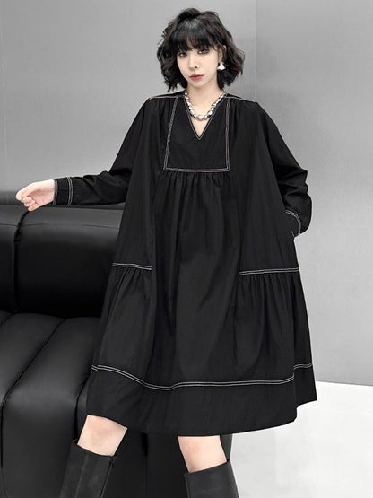A-Line Long Sleeves Comfort Contrast Color Pleated V-Neck Mini Dresses