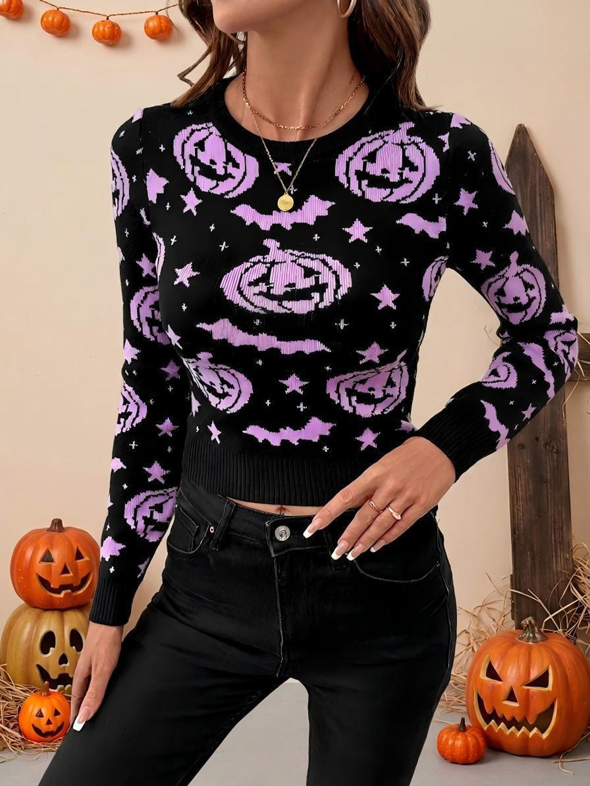 Printed Long Sleeves Round-neck Sweater Tops Pullovers