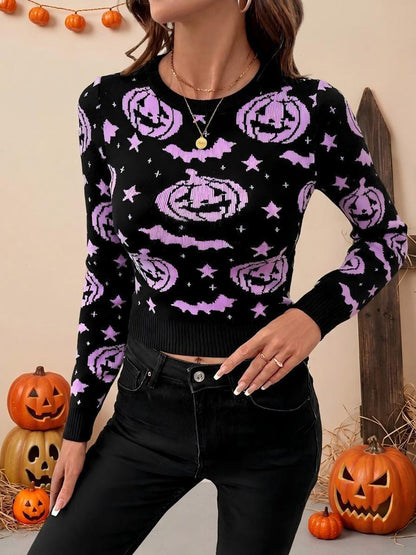 Printed Long Sleeves Round-neck Sweater Tops Pullovers