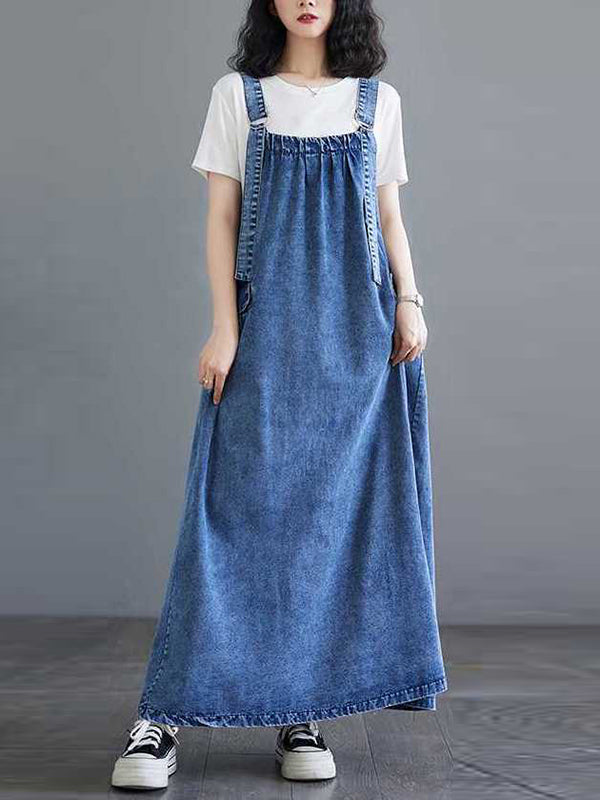 A-Line Loose Pleated Pockets Split-Joint Spaghetti-Neck Maxi Dresses Suspender Dress