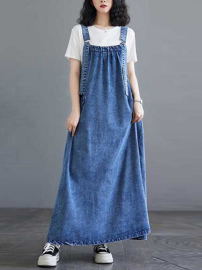 A-Line Loose Pleated Pockets Split-Joint Spaghetti-Neck Maxi Dresses Suspender Dress