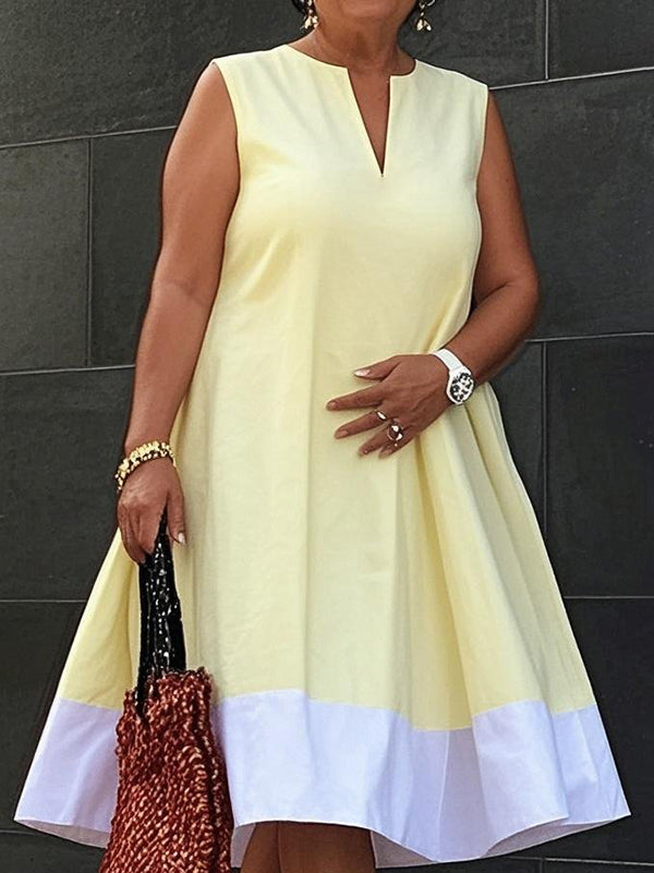 A-Linie Locker Kontrastfarben Taschen V-Ausschnitt Midikleider 