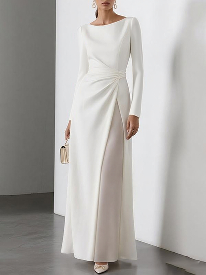 High Waisted Long Sleeves Gauze Pleated Solid Color Split-Joint Round-Neck Maxi Dresses