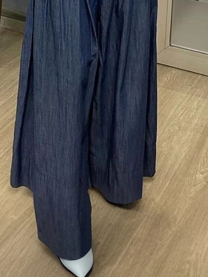 High Waisted Loose Buttoned Pleated Pockets Solid Color Jean Pants Bottoms