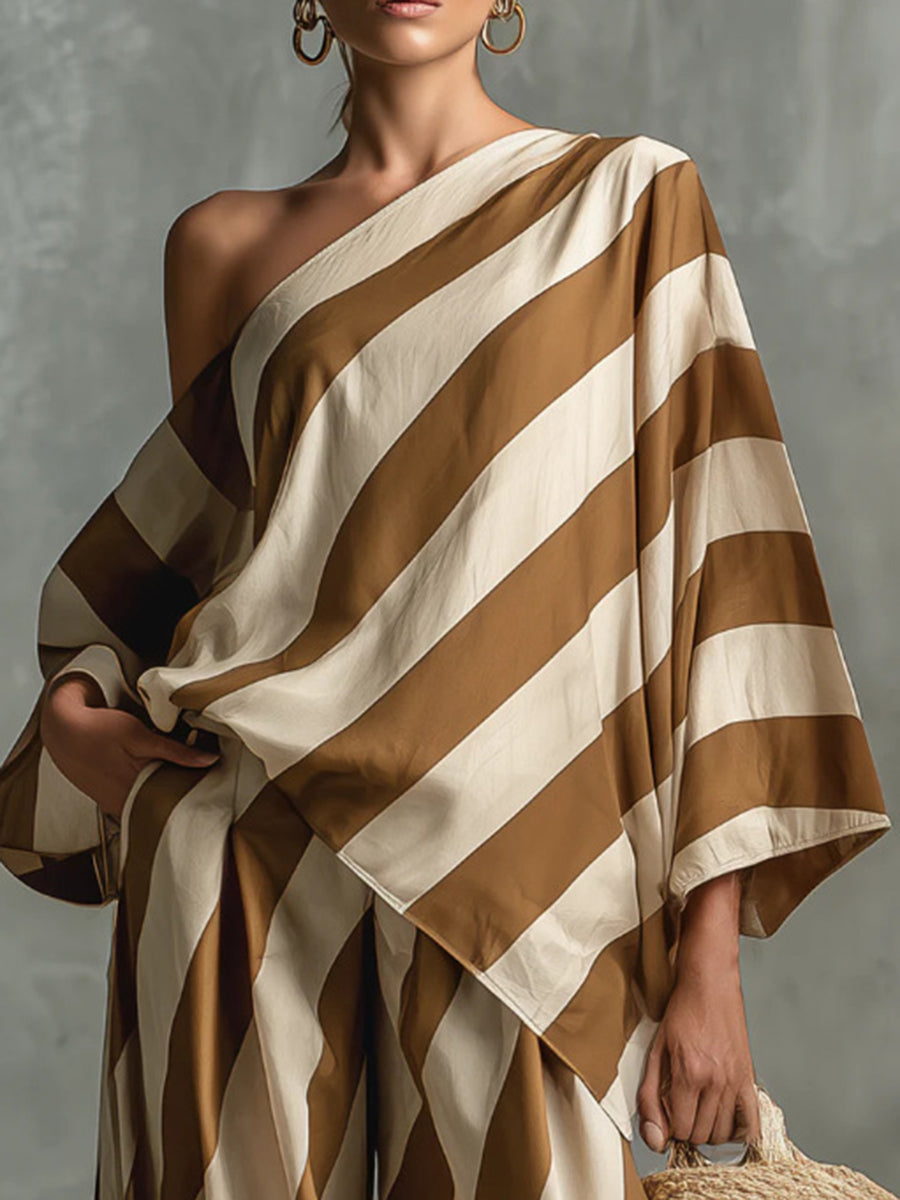 Contrast Color Split-Joint Striped Batwing Sleeves One-Shoulder Blouses&Shirts Tops + High Waisted Pockets Trousers Pants Two Pieces Set