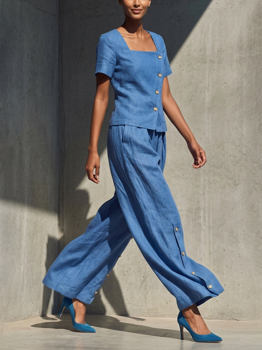 Loose Wide Leg Buttoned Pockets Solid Color Pants Trousers