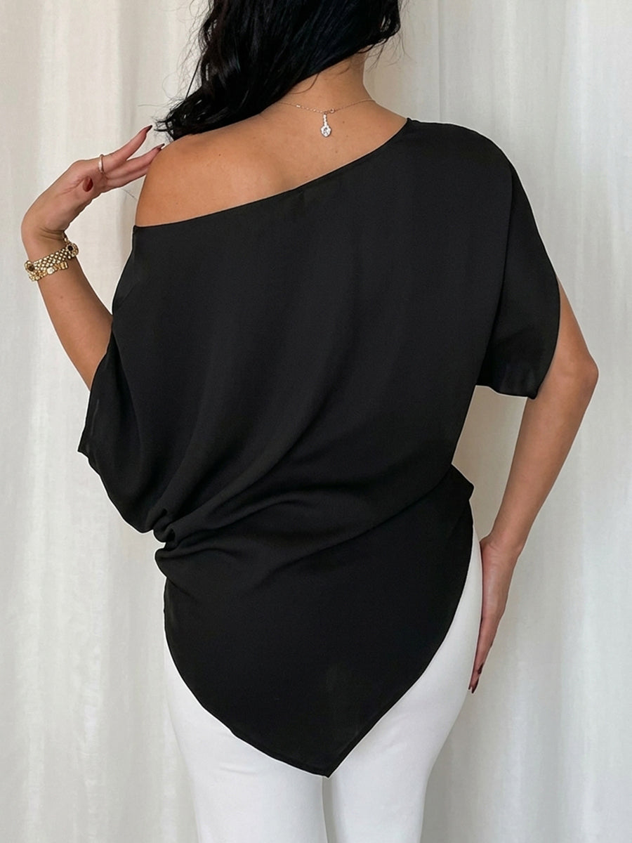 Batwing Sleeves Loose Asymmetric Knot Solid Color One-Shoulder Blouses&Shirts Tops
