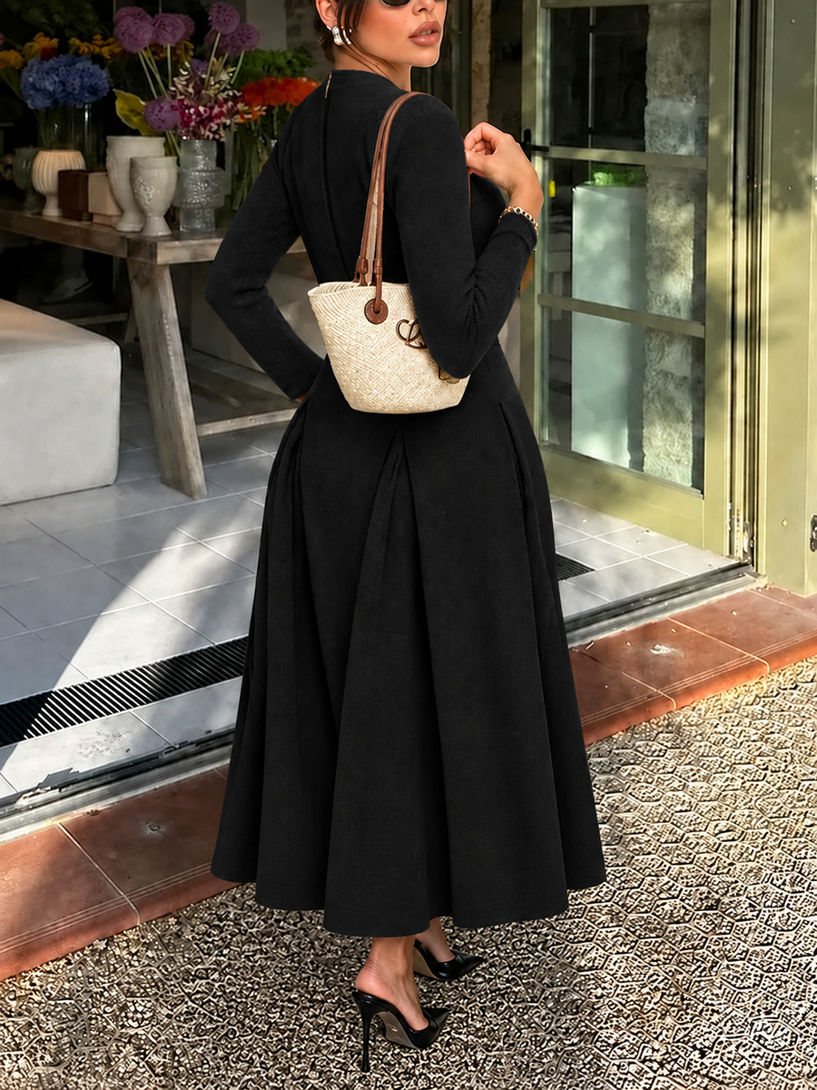 Zipper Solid Color Pockets Long Sleeves High Waisted Round-neck Maxi Dresses
