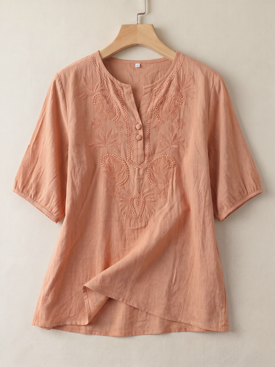 Solid Color Embroidered Buttoned Loose Half Sleeves Round-neck Blouses&shirts Tops