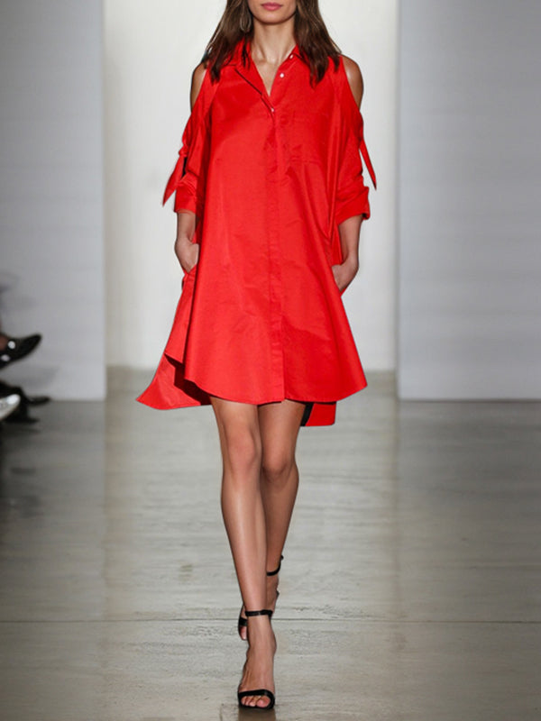 Loose Solid Color Split-Joint Cold Shoulder Mini Dresses Shirt Dress