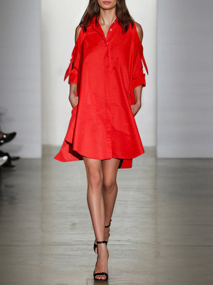 Loose Solid Color Split-Joint Cold Shoulder Mini Dresses Shirt Dress