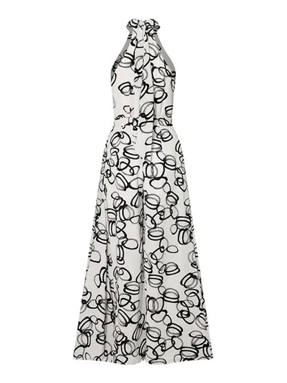 High Waisted Loose Contrast Color No Belt Tied Halter-Neck Jumpsuits