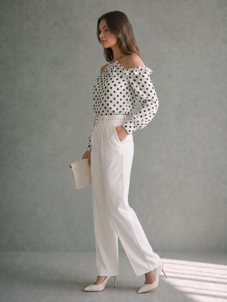 Ruffled Polka-Dot Long Sleeves Halter-Neck Blouses&shirts Tops