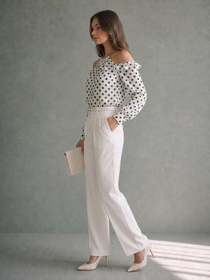 Ruffled Polka-Dot Long Sleeves Halter-Neck Blouses&shirts Tops