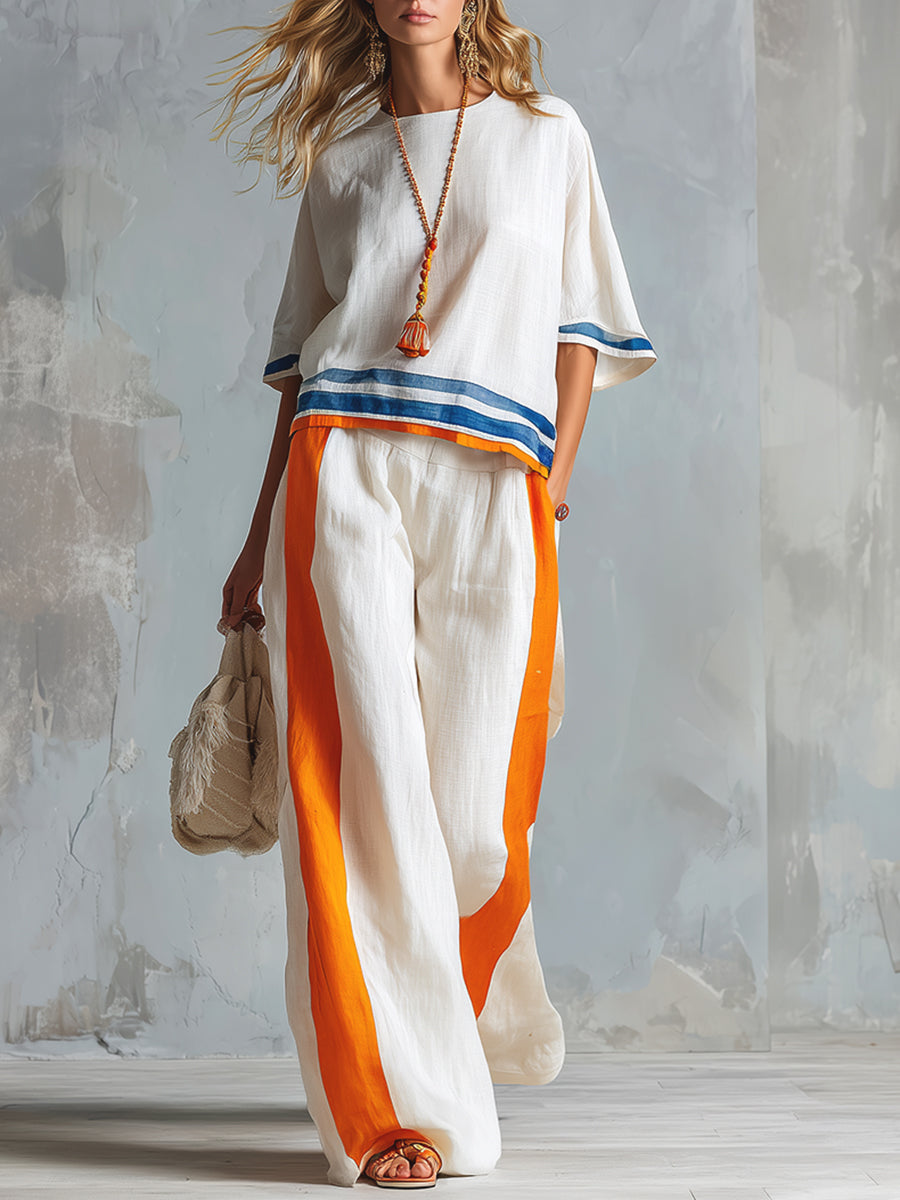 Loose Three-Quarter Sleeves Striped Round-Neck Blouses&Shirts Tops