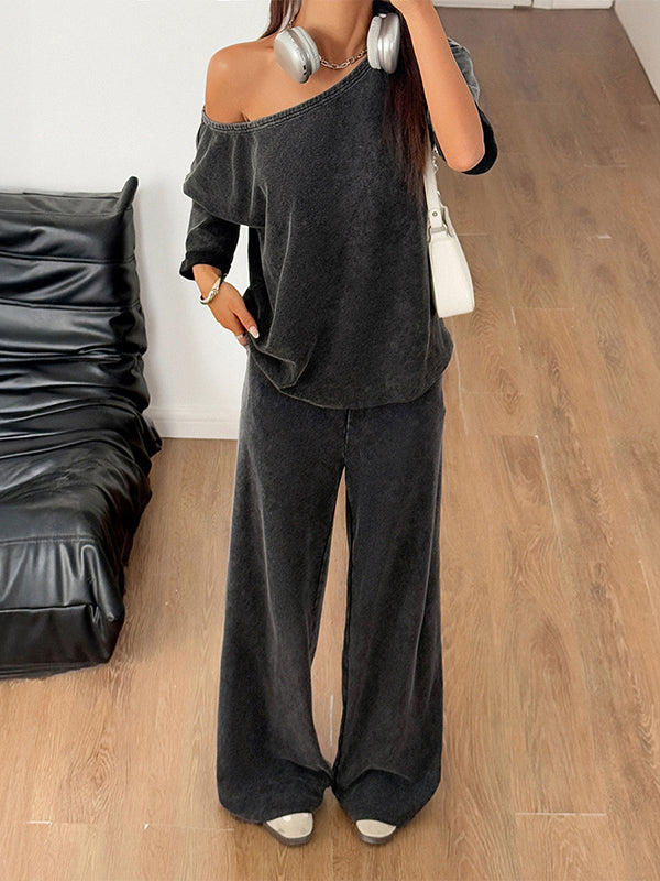 Loose Short Sleeves Solid Color One-Shoulder T-Shirt Top + Pockets Pants Bottom Two Pieces Set