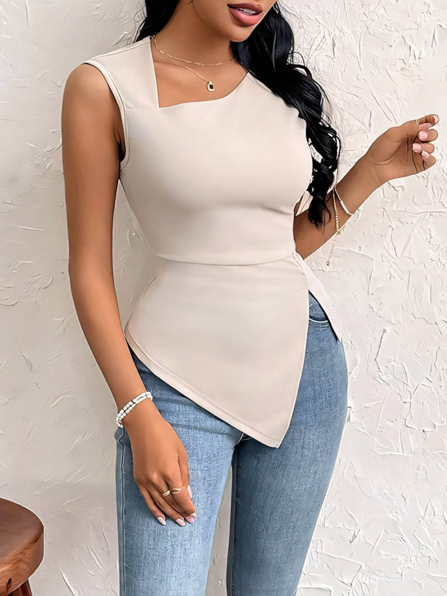 Irregularity Skinny Pleated Solid Color Split-Side Asymmetric Neckline T-Shirts Tops