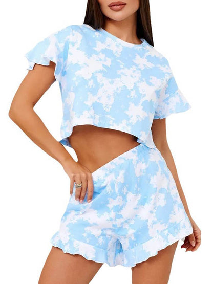 Loose Short Sleeves Elasticity Ruffle Trim Round-Neck T-Shirt Top + Shorts Bottom Pajama Sets