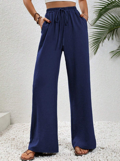 High Waisted Loose Elasticity Pleated Solid Color Tied Waist Pants Trousers