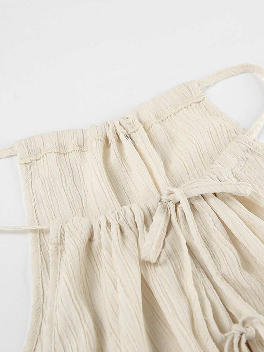 Solid Color Halter-Neck Cropped Pleated Split-Joint Tank Top + High Waisted Elasticity Tied Waist Pants Trousers Two Pieces Set