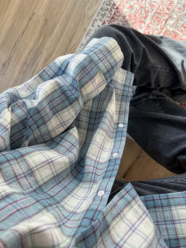 Chemisiers et chemises à manches longues, amples, boutonnés, à carreaux, avec poches et revers, hauts d'extérieur 