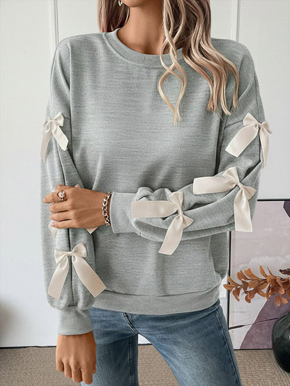 Split-Joint Contrast Color Bow-Embellished Loose Long Sleeves Round-Neck Sweatshirt Tops