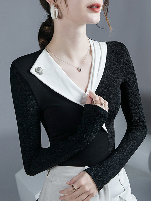 Long Sleeves Skinny Asymmetric Contrast Color Split-Joint V-Neck Blouses&Shirts Tops